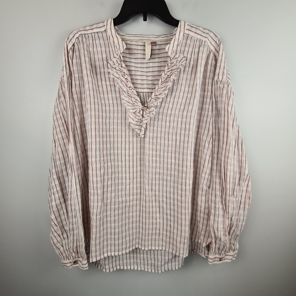 Pilcro Anthropologie Brianna L Striped Cotton Linen Ruffle Neck Blouse Oversized